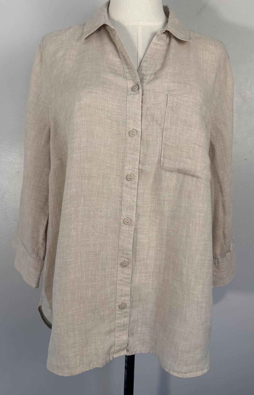 Chico’s Women’s 100% Linen Beige Shirt Minimalist coastal Natural Sz 2 (12/14)